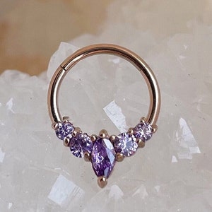 16G Purple Marquise Septum Clicker Hoop, Gold CZ Septum Ring, Surgical Steel Nose Piercing Jewelry, Gold Nose Ring Hoop, Septum Piercing