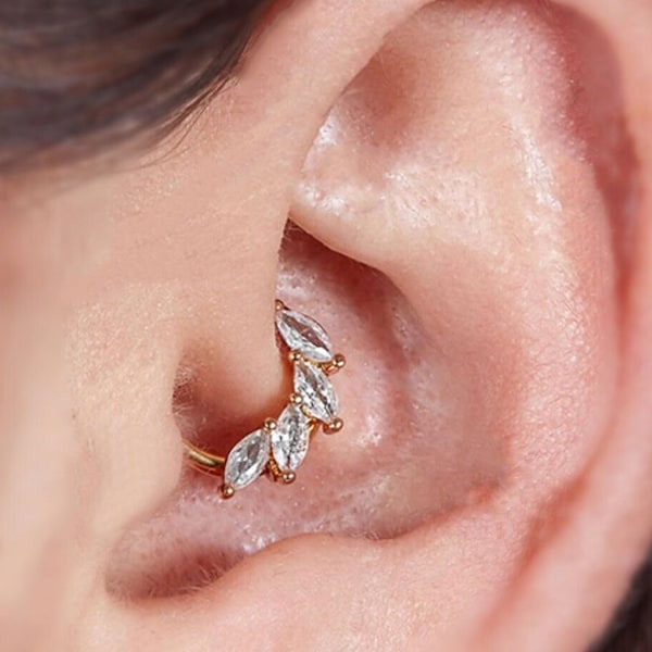 16G Sterling Silver Leaf CZ Daith Earring Hoop, Gold Leaf Tragus Earring, Leaf Helix Hoop, Cartilage Piercing Jewelry
