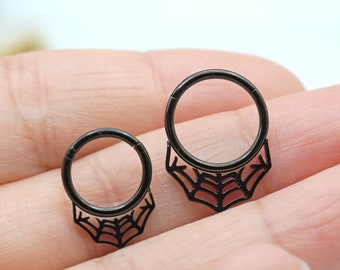 16G Black Spider Web Hinged Septum Clicker Nose Hoop, Black Nose Ring, Daith Earring Hoop, Surgical Steel Septum Ring, Nose Piercing Jewelry