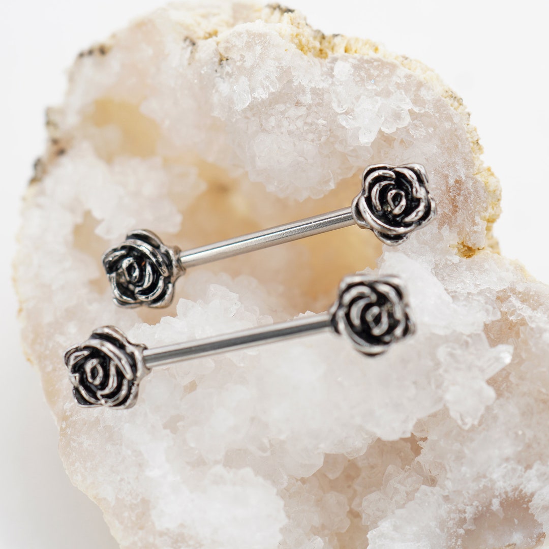 14G Silver and Black Flower Nipple Rings Rose Nipple Jewelry Etsy