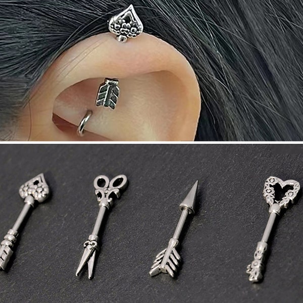 16G Silver Helix/Industrial Earring, Heart/Scissor/Arrow/Key Barbell for Industrial/Helix Piercing, Cartilage Earring, Helix Earrings