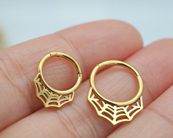 16G Gold/Silver/Black Spider Web Hinged Septum Clicker Nose Hoop, Daith Earring Hoop, Surgical Steel Septum Ring, Nose Piercing Jewelry