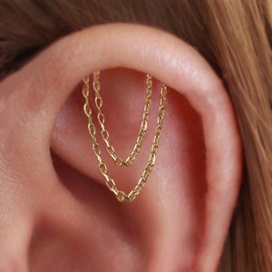 16G Gold/Silver Double Chain Hidden Helix Earring, Flat Piercing Earring, Flat Back Cartilage Chain Drop Earring, Top Dangle Chain Earring