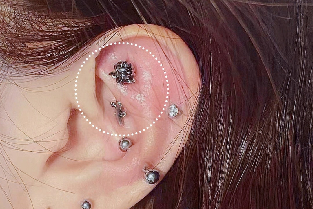 Sterling Silver Rose Rook Earring, Silver Flower and Leaf Helix Earring