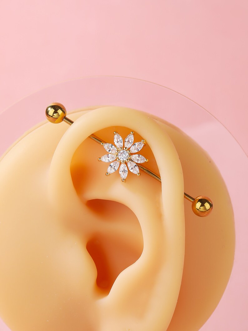 16G Gold Flower Industrial Barbell Silver Flower Barbell for Etsy