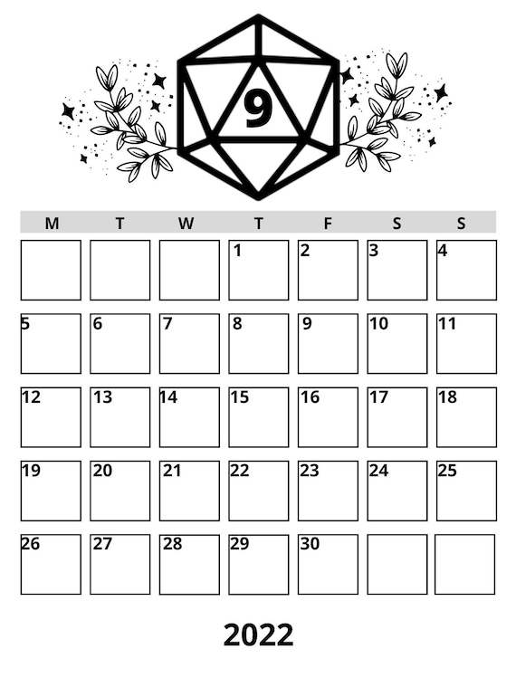 Printable Blank September D20 Calendar Dungeons and Dragons Etsy