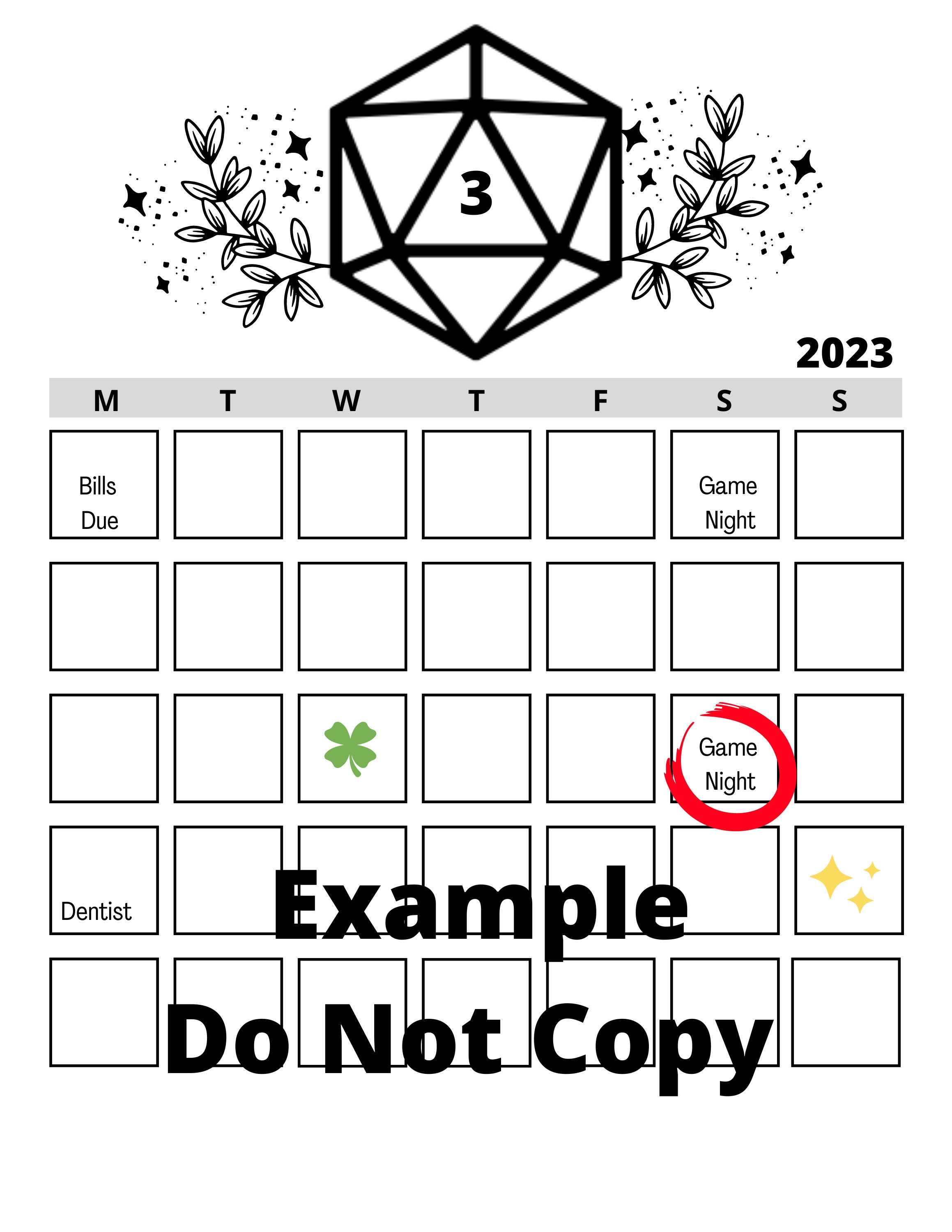 Printable Blank Monthly Nerdy D20 Calendar Customizable Daily Tracker 