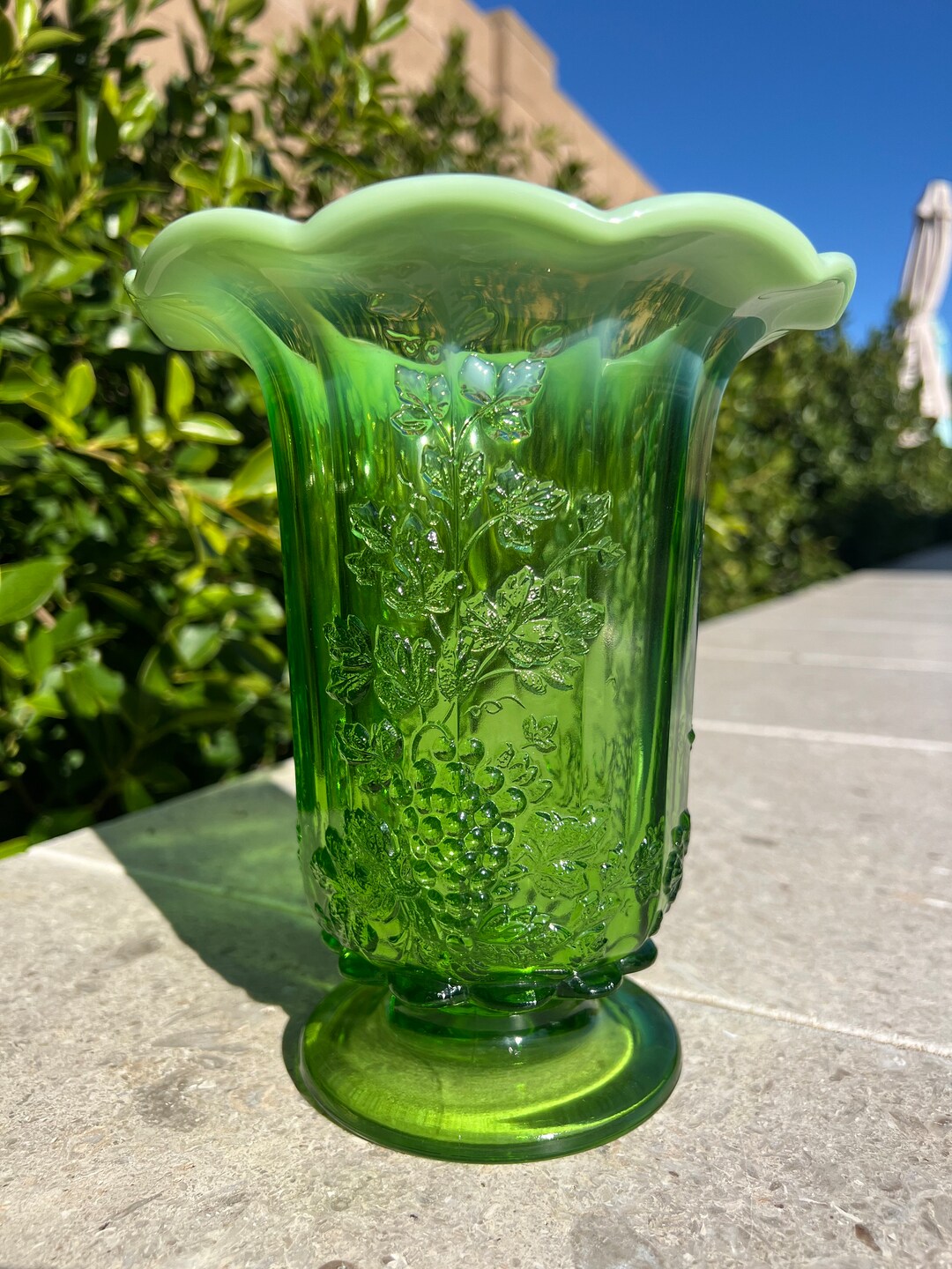 Large Mosser Green Opalescent Grapes Spooner Vase Etsy
