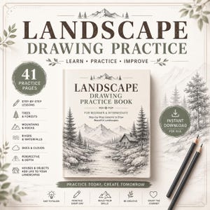 Puede incluir: Un libro de ejercicios de dibujo de paisajes con 41 páginas de práctica y lecciones paso a paso para árboles, bosques, montañas, rocas, ríos, cascadas, cielos, nubes, perspectiva, profundidad y casas. Incluye el texto: LANDSCAPE DRAWING PRACTICE.
