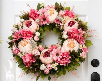 Peony Wreath for Front Door | Artificial Spring Floral Wreath | Large Flower Wreath | Wedding Wall Decor | Outdoor Home Decoration