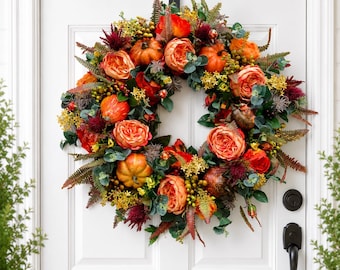 Fall Pumpkin Wreath for Front Door | Autumn Wreath with Pumpkins & Foliage | Thanksgiving Door Decor | Farmhouse Fall Home Decoration