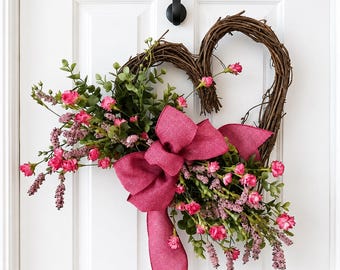 Artificial Heart Wreath for Front Door | Handmade Floral Heart Wreath | Mother's Day Gift | Wedding Wall Decor | Hanging Flower 18 inch