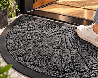 Half Moon Doormat Non Slip, Black Front Door Mat, Indoor Outdoor Entrance Rug, Durable Rubber Backed Door Mat, Modern Entryway Decor