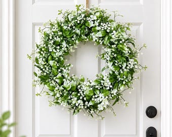 Greenery Wreath for Front Door 18 Inch | White Floral Wreath | Spring Summer Farmhouse Door Decor | Eucalyptus Wall Hanging | Outdoor Wreath