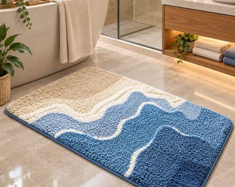 Wave Bathroom Rug, Absorbent Flocked Bath Mat, Non Slip Door Floor Mat