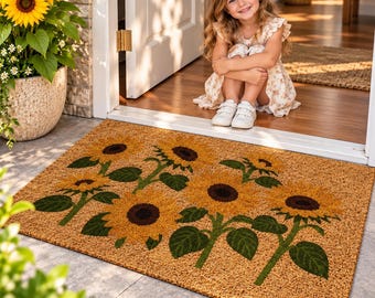 Sunflower Coir Look Doormat, Rustic Outdoor Door Mat, Heavy Duty Dirt Trapper, Farmhouse Front Porch Rug, Non Slip Entrance Mat, Floral Mat