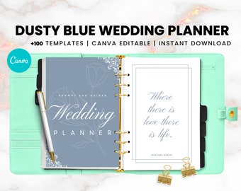 Dusty Blue Wedding Planner, 100 Editable Canva Templates