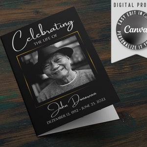 Modelo de programa funerário, modelo editável de celebração da vida, ordem de serviço funerário para impressão, obituário Canva DIY para homem e mulher