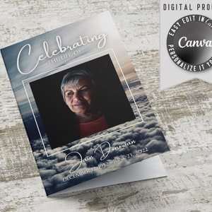 Modelo de Programa Funeral, auto editável e fácil de imprimir em casa. O folheto meia dobra inclui obituário, ordem de serviço, poema e fotos.