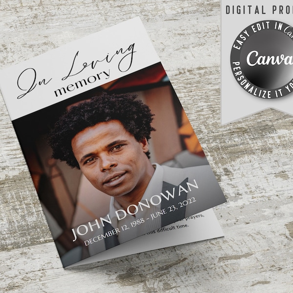 In Loving Memory funeral Bi-Fold booklet template, to self edit and home printing. Contains obituary, order of service, poem and photos