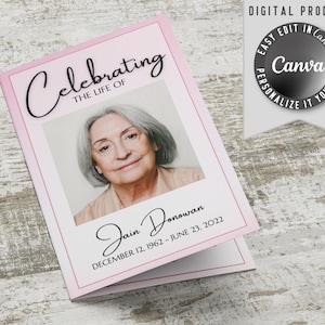 Modelo de Programa Funeral, auto editável e fácil de imprimir em casa. O folheto meia dobra inclui obituário, ordem de serviço, poema e fotos.