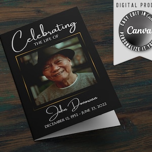 Modelo de Programa Funeral, auto editável e fácil de imprimir em casa. O folheto meia dobra inclui obituário, ordem de serviço, poema e fotos.