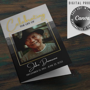 Modelo de Programa Funeral, auto editável e fácil de imprimir em casa. O folheto meia dobra inclui obituário, ordem de serviço, poema e fotos.