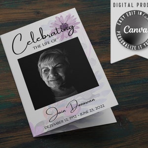 Funeral Program Template, Editable Celebration of Life Template, Printable Funeral Order of Service, Canva DIY Obituary for Man and Woman