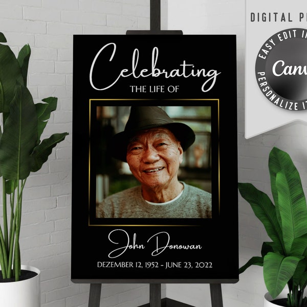 Printable funeral welcome sign, with one large photo. Edit this celebration of life memorial banner template easy in Canva.