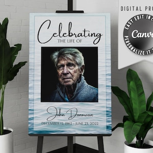 Printable funeral welcome poster, with one large photo. Edit this celebration of life memorial banner template easy in Canva.