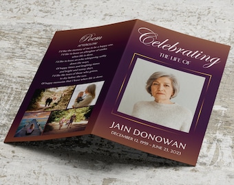 Celebrating The Life Funeral Program template, to self edit and print. Include Obituary, Order of Service, Poem and Pictures. DIY at home.