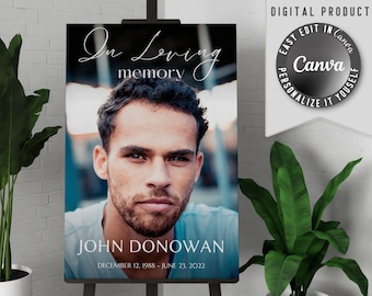 Printable funeral welcome sign, with one large photo. Edit this simple in loving memory poster template easy in Canva.