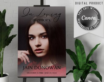 Printable funeral welcome sign, with one large photo. Edit this simple in loving memory poster template easy in Canva.
