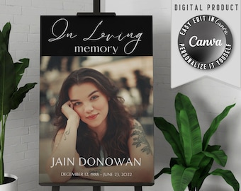 Printable funeral welcome sign, with one large photo. Edit this simple in loving memory poster template easy in Canva.