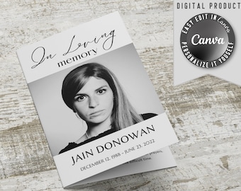 In Loving Memory funeral Bi-Fold Brochure template, to self edit and home printing. Contains obituary, order of service, poem and photos