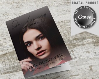 In Loving Memory funeral Bi-Fold booklet template, to self edit and home printing. Contains obituary, order of service, poem and photos