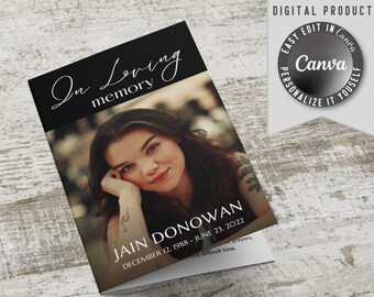 In Loving Memory funeral Bi-Fold Brochure template, to self edit and home printing. Contains obituary, order of service, poem and photos