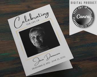 Funeral Program Template, Editable Celebration of Life Template, Printable Funeral Order of Service, Canva DIY Obituary for Man and Woman