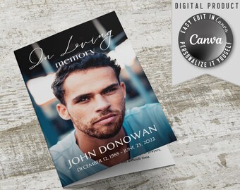 In Loving Memory funeral Bi-Fold Program template, to self edit and home printing. Contains obituary, order of service, poem and photos