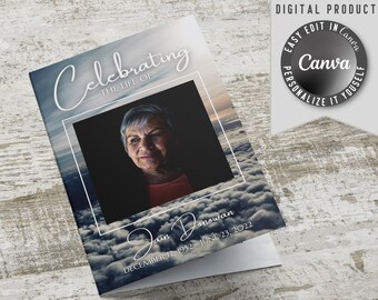 Funeral Program Template, self editable and easy to print at home. Half-Fold brochure include Obituary, Order of Service, Poem and Pictures.