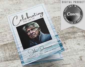 Funeral Program Template, self editable and easy to print at home. Half-Fold brochure include Obituary, Order of Service, Poem and Pictures.