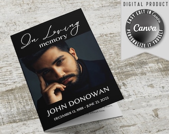 In Loving Memory funeral Bi-Fold Program template, to self edit and home printing. Contains obituary, order of service, poem and photos