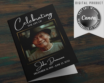 Funeral Program Template, self editable and easy to print at home. Half-Fold brochure include Obituary, Order of Service, Poem and Pictures.