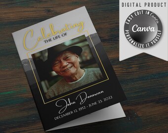 Funeral Program Template, self editable and easy to print at home. Half-Fold brochure include Obituary, Order of Service, Poem and Pictures.