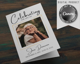 Funeral Program Template, self editable and easy to print at home. Half-Fold brochure include Obituary, Order of Service, Poem and Pictures.