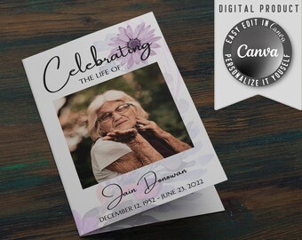 Funeral Program Template, self editable and easy to print at home. Half-Fold brochure include Obituary, Order of Service, Poem and Pictures.