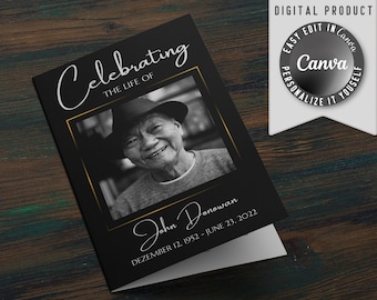 Funeral Program Template, Editable Celebration of Life Template, Printable Funeral Order of Service, Canva DIY Obituary for Man and Woman