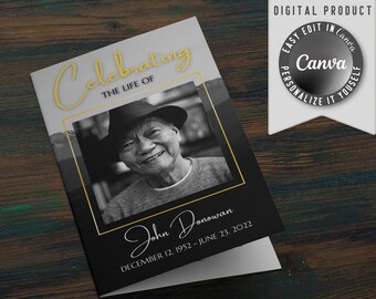 Funeral Program Template, Editable Celebration of Life Template, Printable Funeral Order of Service, Canva DIY Obituary for Man and Woman