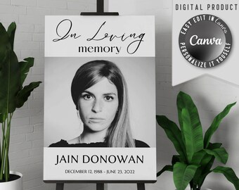 Printable funeral welcome sign, with one large photo. Edit this simple in loving memory poster template easy in Canva.