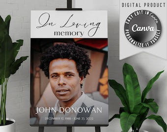 Printable funeral welcome sign, with one large photo. Edit this simple in loving memory poster template easy in Canva.